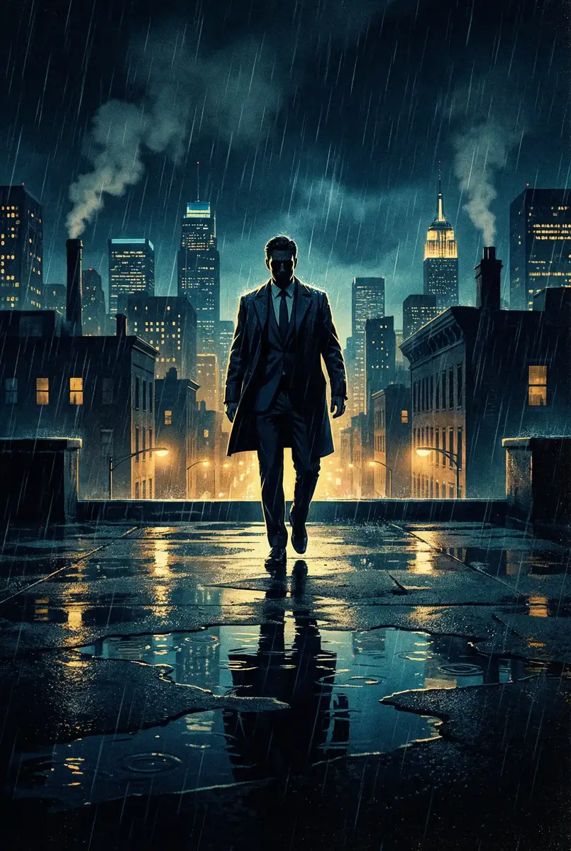 第一会所蝴蝶夫人 出品影片《雨夜独行者》海报，雨中城市屋顶男性剪影